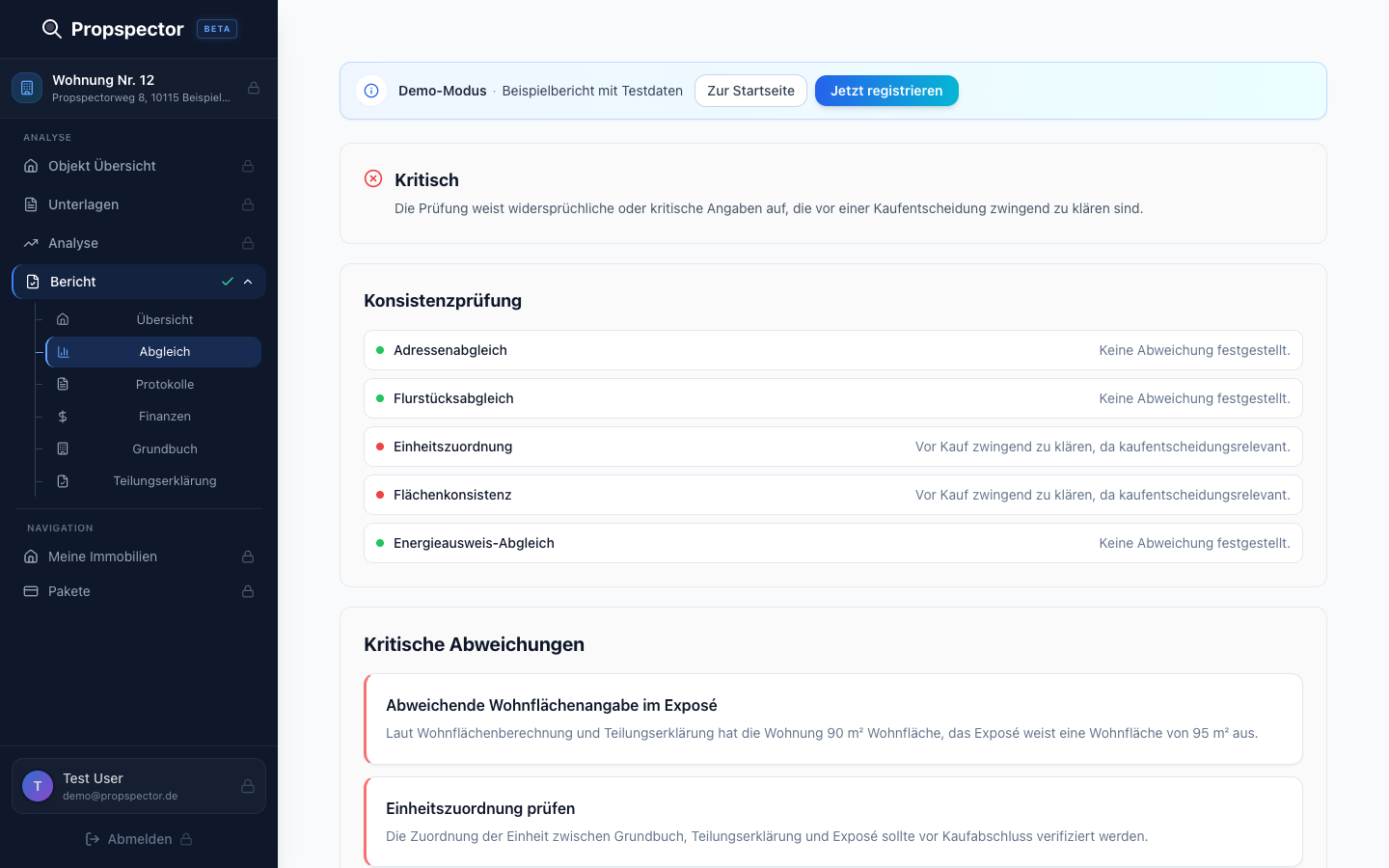 Der dokumentenübergreifende Plausibilitätscheck: Propspector prüft Konsistenz zwischen allen Dokumenten und zeigt kritische Abweichungen.