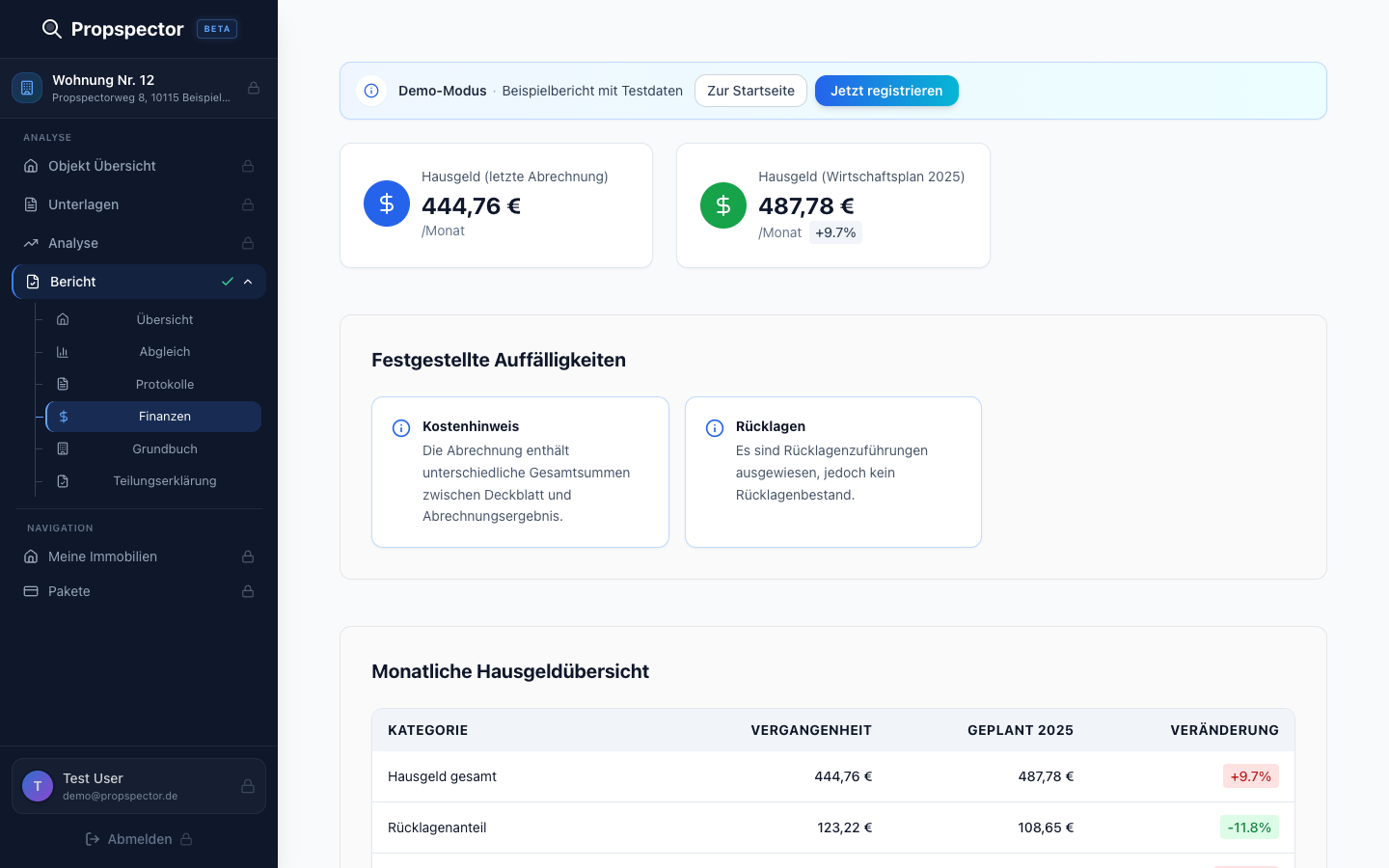 Propspector zeigt dir Hausgeld, Rücklagenentwicklung und Auffälligkeiten auf einen Blick — inklusive Veränderungen zum Vorjahr.