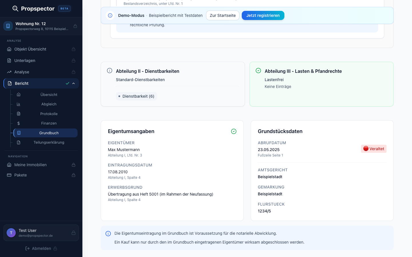 Propspector zeigt dir Abteilung II und III auf einen Blick — Dienstbarkeiten, Eigentumsangaben und Grundstücksdaten übersichtlich aufbereitet.