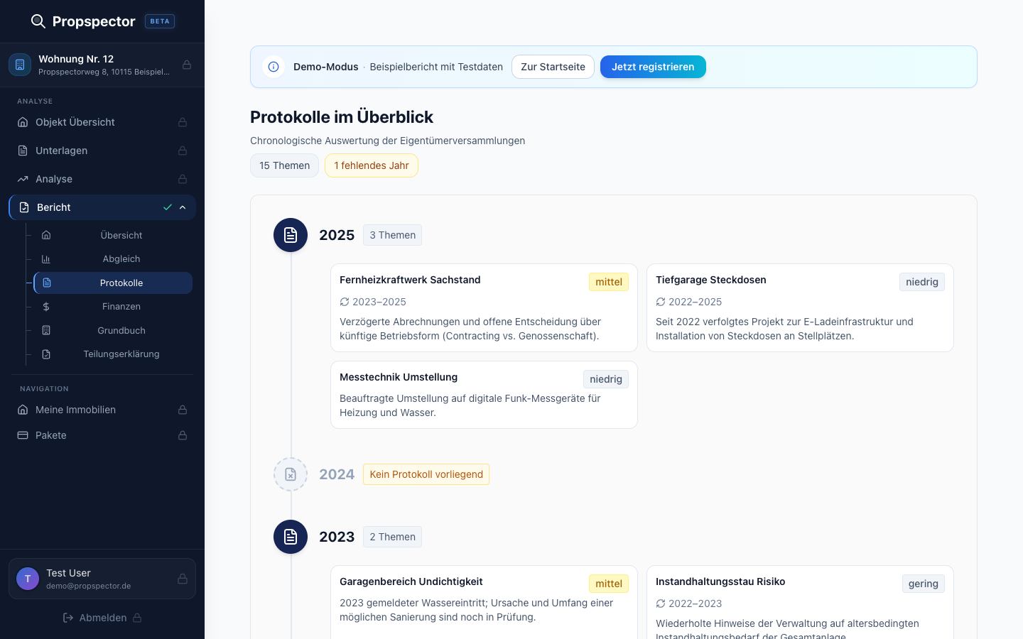So wertet Propspector WEG-Protokolle aus: Themen chronologisch, nach Relevanz bewertet, fehlende Jahre sofort sichtbar.