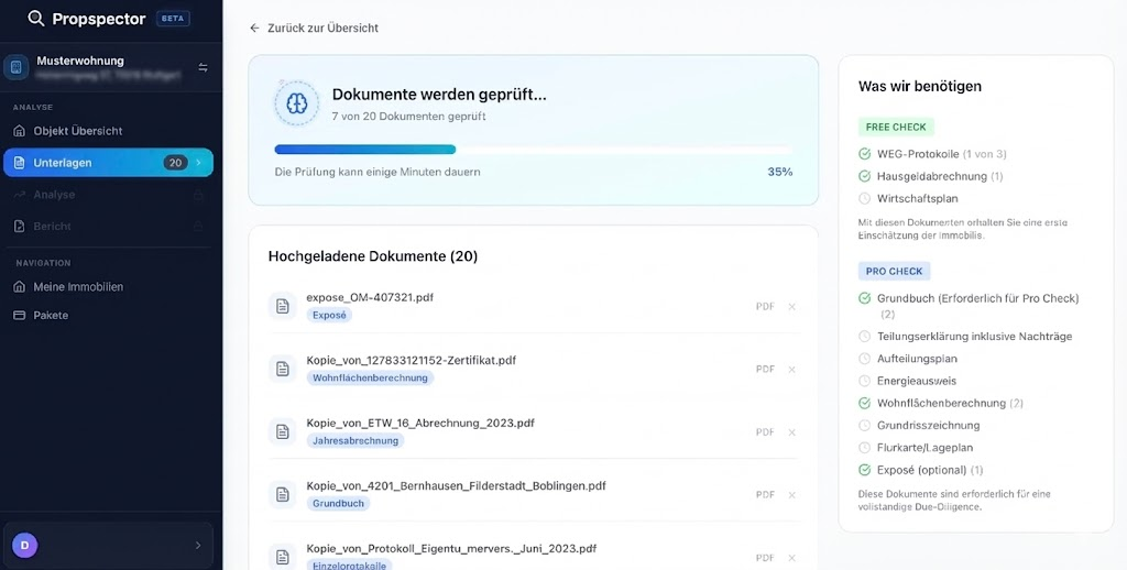Propspector Dokumentenanalyse - Automatische Prüfung von Grundbuch, Teilungserklärung und WEG-Protokollen sowie Baulasten, Baugenehmigung und Energieausweis.