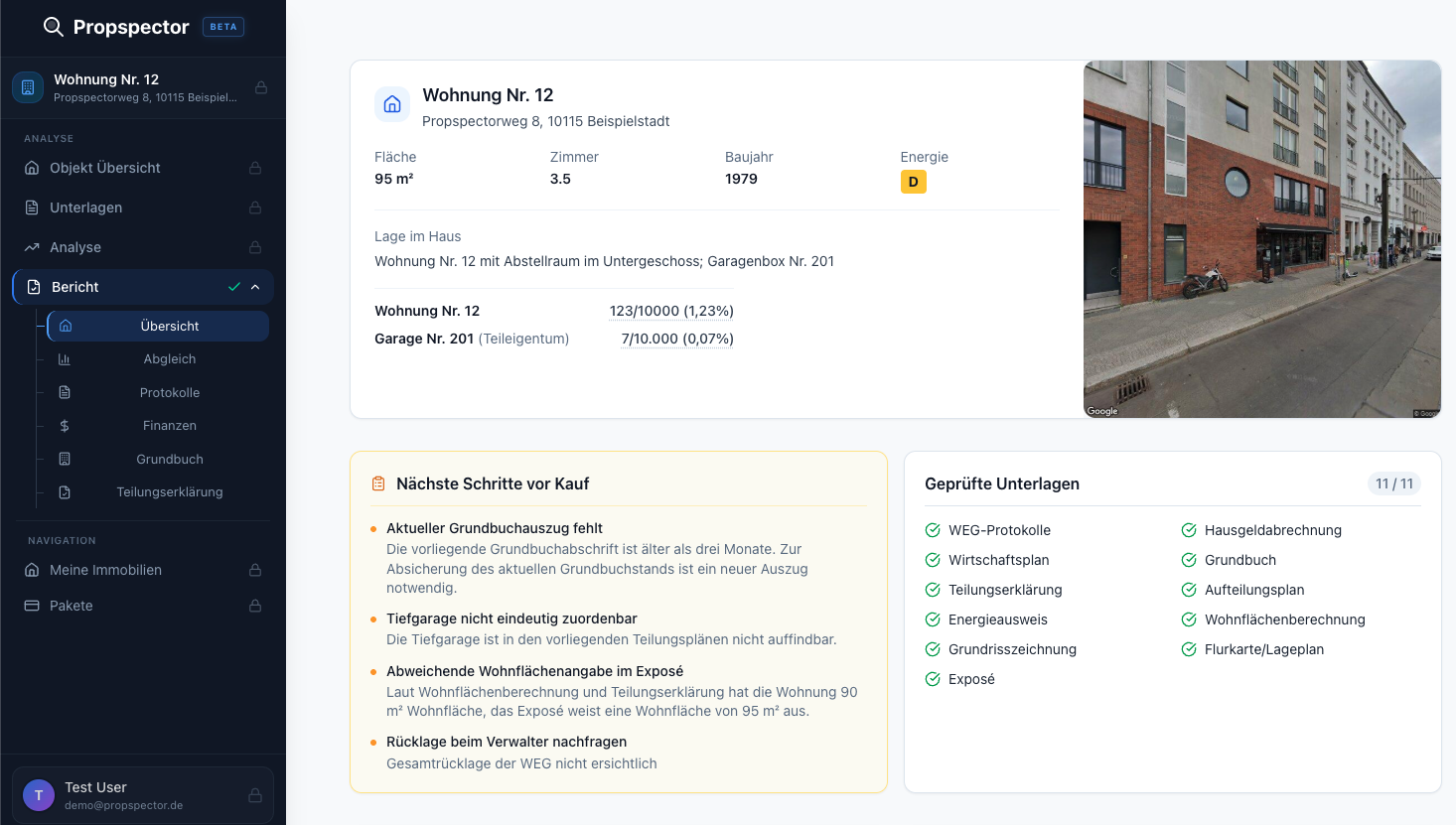 Propspector Dashboard - Immobilien Due Diligence Report
