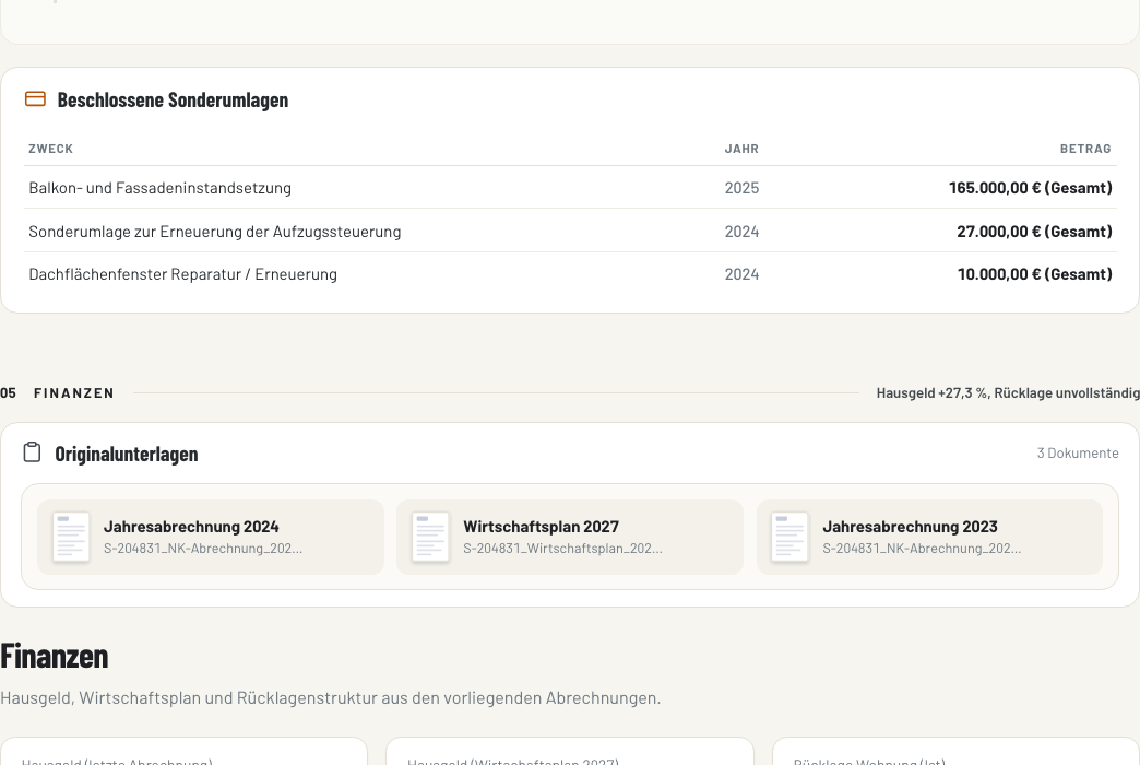 Propspector zeigt Ihnen Hausgeld, Rücklagenentwicklung und Auffälligkeiten auf einen Blick, inklusive Veränderungen zum Vorjahr.