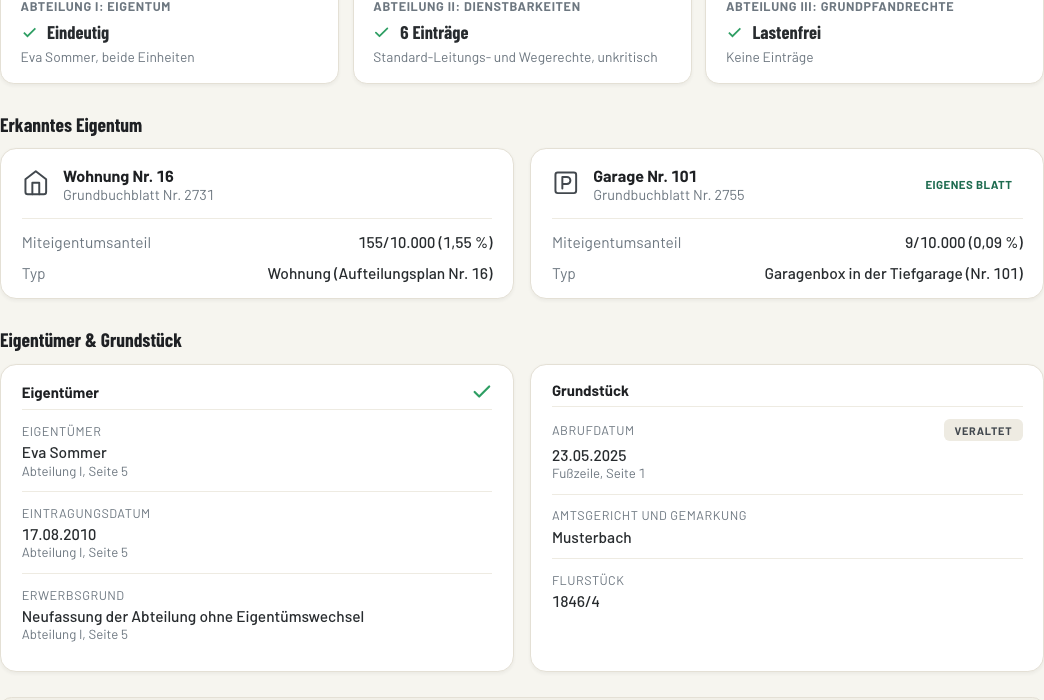 Propspector zeigt Ihnen Abteilung II und III auf einen Blick, Dienstbarkeiten, Eigentumsangaben und Grundstücksdaten übersichtlich aufbereitet.