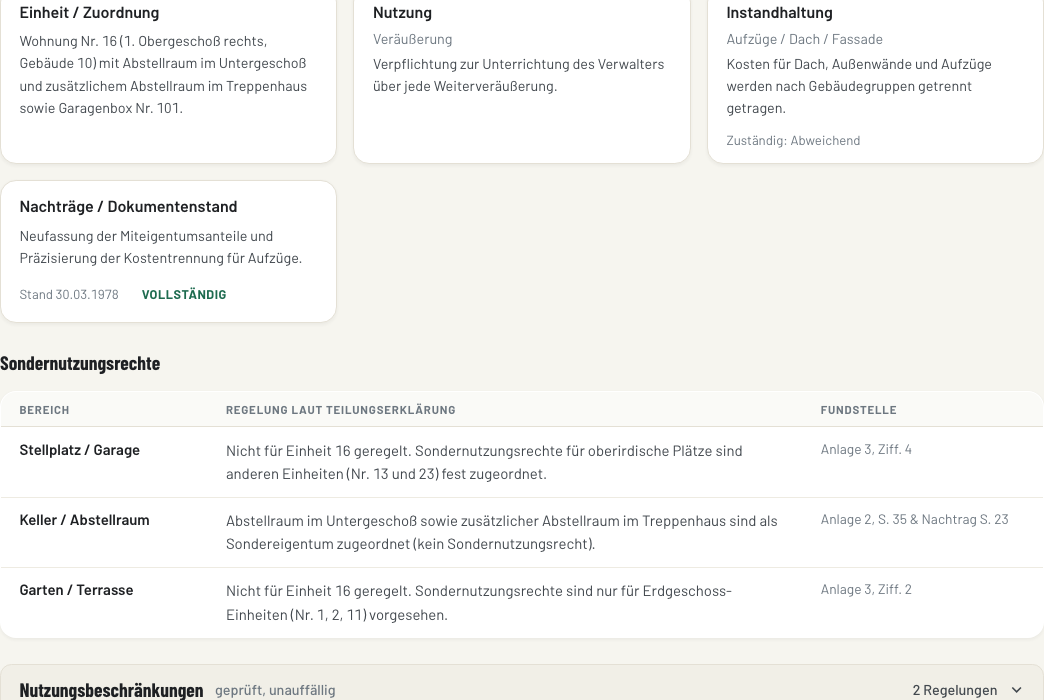 Propspector zeigt Sondernutzungsrechte, Nutzungsbeschränkungen und Kostenverschiebungen, mit Fundstelle in der Teilungserklärung.